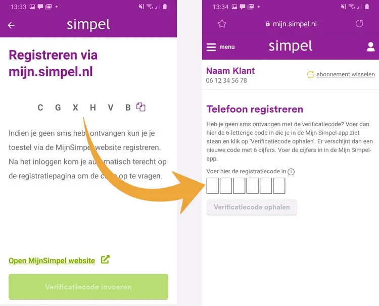 Registreer je telefoon via de website